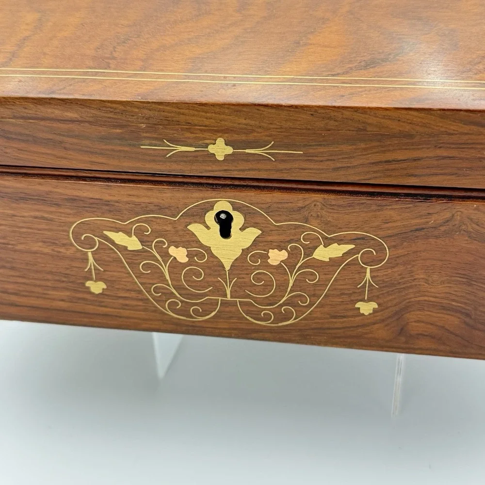 Vintage Wood Jewelry Keepsake Box Brass Inlay Locking - 2 Keys Felt Lined, 12x8